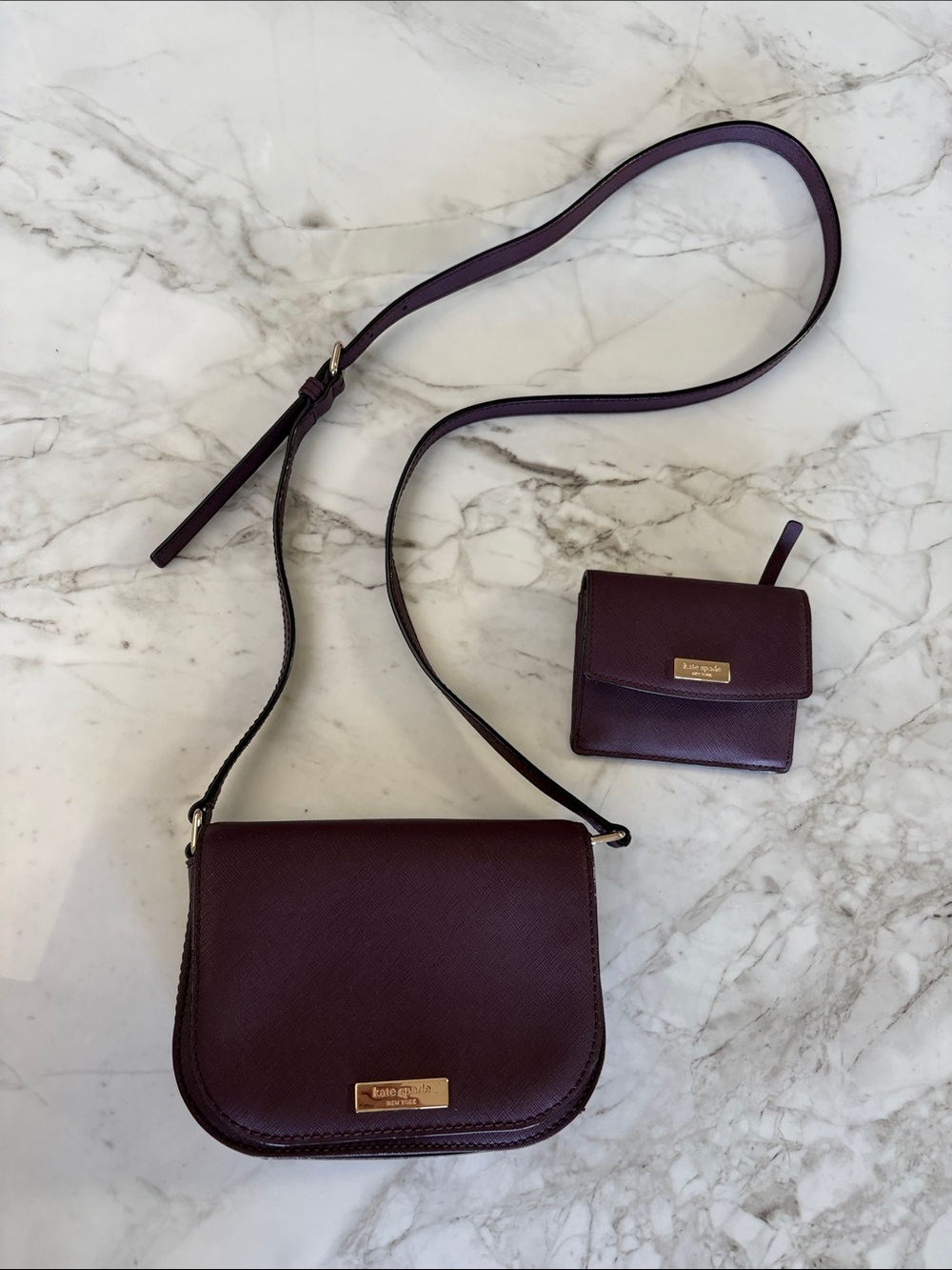 Authentic Kate Spade plum leather crossbody bag with wallet set